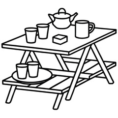 Camping Chair And Table Foldable gear and outdoor furniture Vector Silhouette Line art illustration 