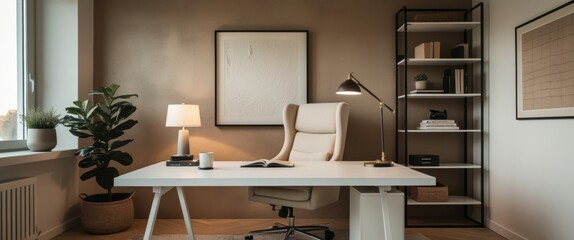 Fototapeta premium serene home office corner with white desk, chair, and lamp