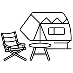 Camping Chair And Table Foldable gear and outdoor furniture Vector Silhouette Line art illustration 