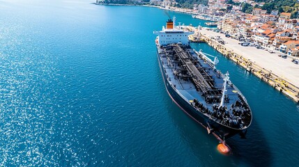 Tanker ship at port loading natural gas, quiet port background with clean urban skyline, intense detail on industrial components and metal gloss, still ocean, perfect for clean logistics stock