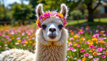 Obraz premium A fluffy round llama crowned with vibrant flowers, happily posing under bright sunlight in a lively