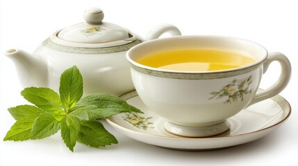 Cup of Herbal Tea with Mint Leaves and Teapot