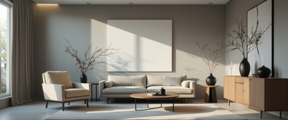inviting cozy living room with stylish furniture and wall decor
