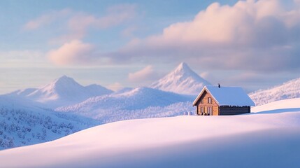 A distant snowy house at mountain base, great for seasonal content, remote getaway ideas, and travel platforms
