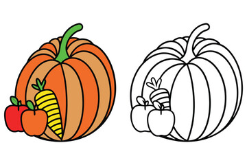 Colorful Pumpkin With Apples And Carrot Outline Version Isolated