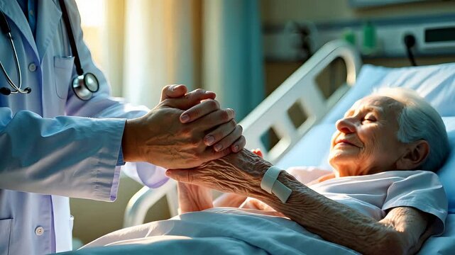 Doctor holding the hands of an elderly patient in a hospital room, showing care and compassion during a medical visit.

