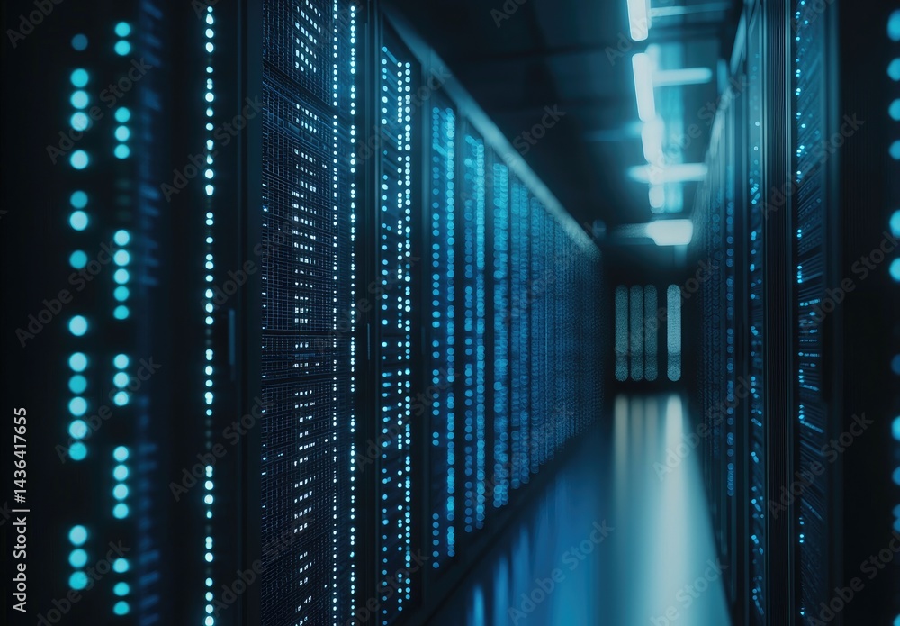 Poster dark futuristic server room with glowing blue dots across server racks and ambient lighting, ideal f
