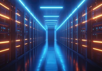 Fototapeta premium Futuristic server room with glowing blue and orange lights, sleek polished floors, and illuminated ceiling lines, ideal for technology marketing, IT promotions, and cloud visuals