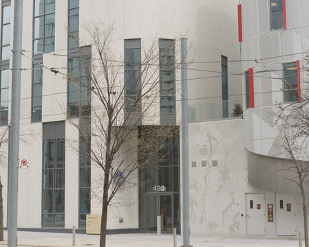 exterior entrance of Miziwe Biik Training Institute, part of an Indigenous Hub, located at 433 Cherry St in Toronto, Canada