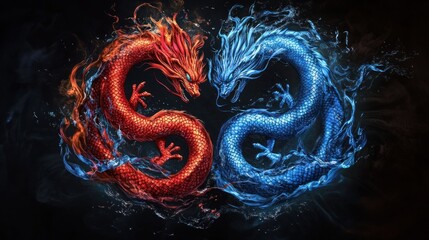 Fire and ice dragons entwined, dark background, mythical art, fantasy illustration