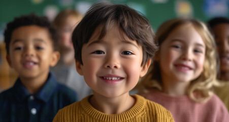 Group of diverse children smiling joyfully in classroom setting, showcasing friendship and happiness. background features green chalkboard, adding to educational environment