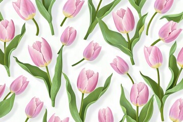 Seamless pattern of pastel pink tulips and soft green leaves, elegantly arranged on a clean white background, ideal for wrapping paper designs.