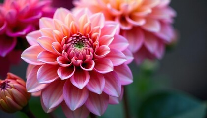 Fototapeta premium Intricate dahlia blooms, vibrant hues, close-up view, photography, background