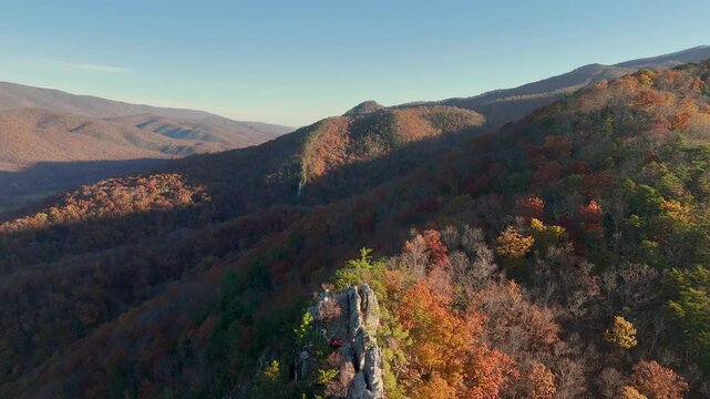 Seneca Rocks With Autumn Foliage And Mountain Ridge In West Virginia Aerial Drone 4K Video