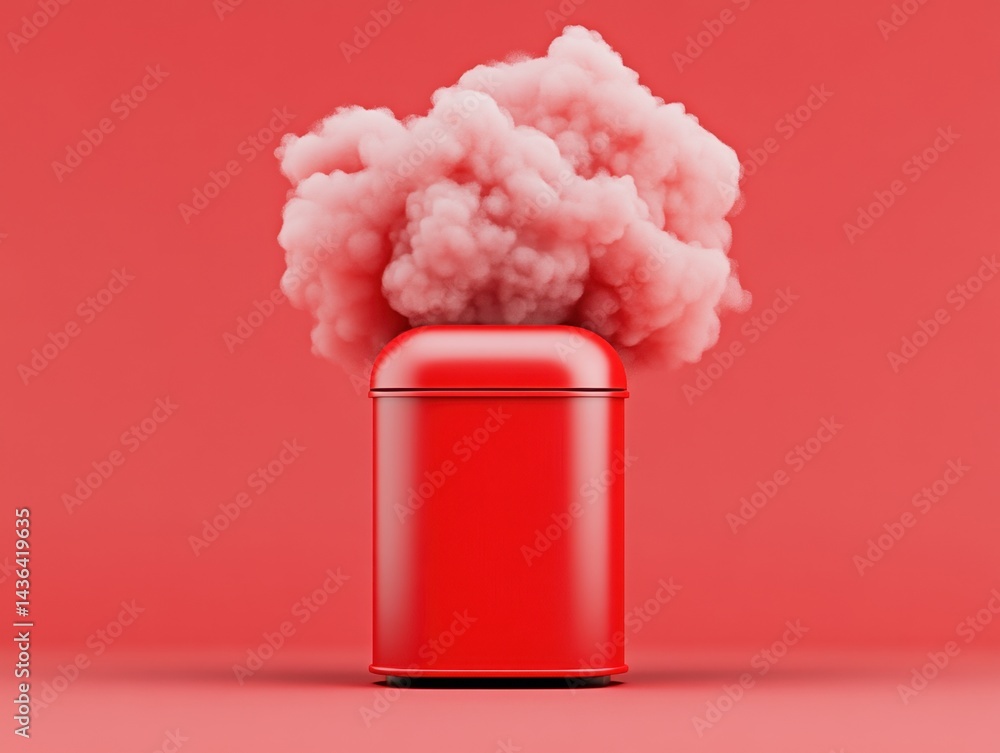Poster red container with pink smoke cloud above it on a red background. minimalist 3d rendering