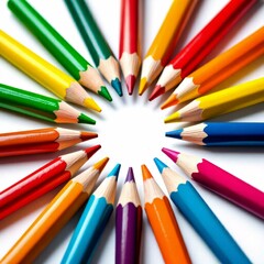 Fototapeta premium circular arrangement colored pencils arranged symmetrical pattern pencils different colors red green yellow orange blue purple pink colors arranged overlapping manner creating sense depth dimension