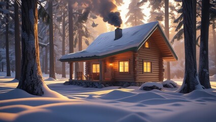 serene snowy cabin retreat with chimney in winter woods