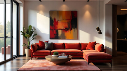 Fototapeta premium modern living room wall interior design and scandinavian home interior cozy sofa mid century furniture