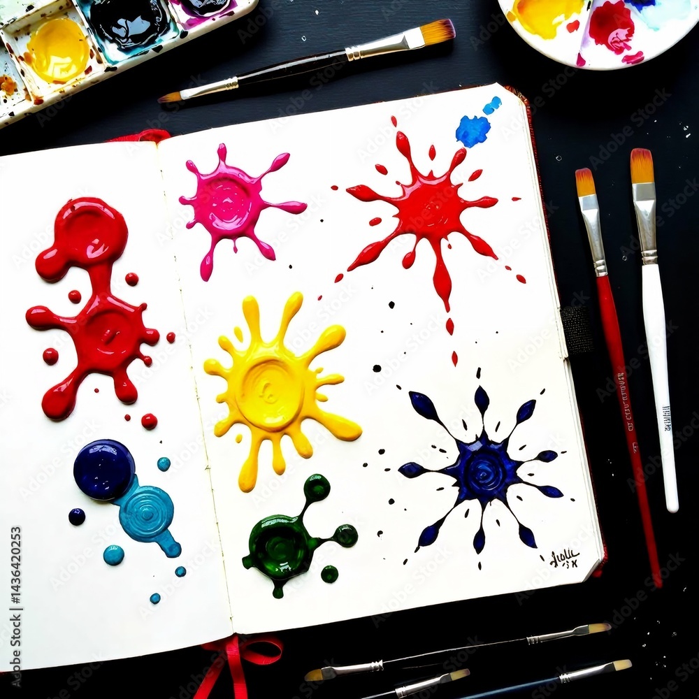 Aufkleber flat lay open art journal various art supplies scattered around journal open page multiple splashes 