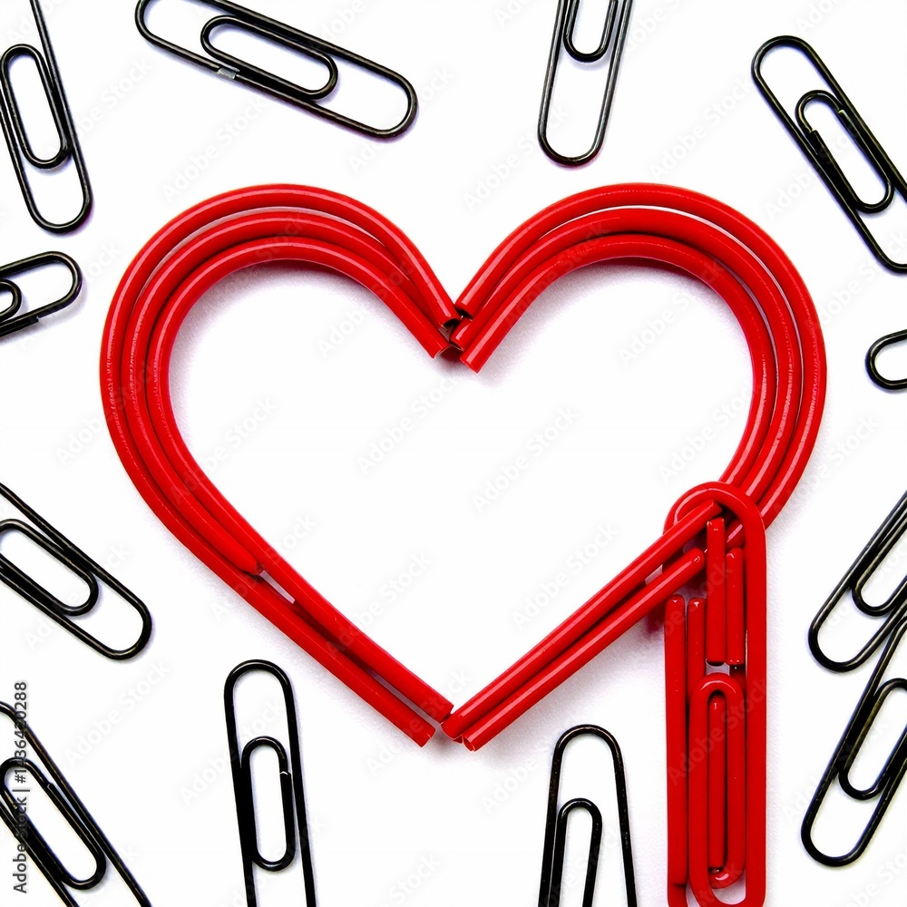 Poster flat lay red heart paper clips heart center surrounded multiple black paper clips different sizes sh