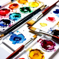Obraz premium collection watercolor paints brushes white surface six paintbrushes different sizes colors arranged row side right side palette watercolors variety colors including red blue green yellow orange pink