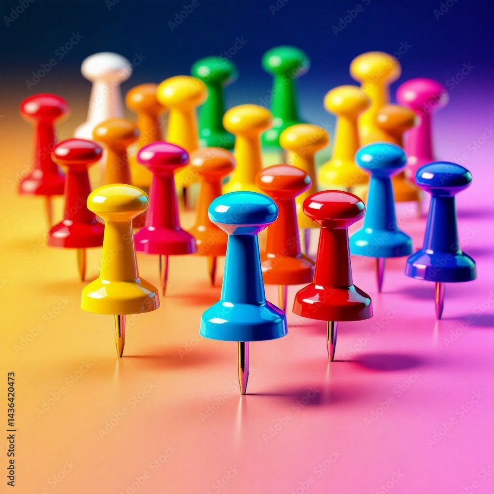 Aufkleber group colorful push pins arranged random pattern pink purple background push pins different sizes co