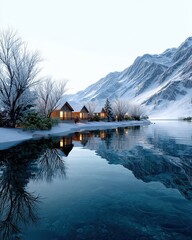 Fototapeta premium Snowy tiny village with cozy glowing windows background for winter scenes, charming snowy tiny village with cozy glowing windows for seasonal designs, magical snowy tiny village with cozy glowing