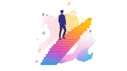 Businessman climbing stairs towards goal, business progress, abstract modern illustration, isolated on white background. 
