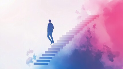 Businessman climbing stairs towards goal, business progress, abstract modern illustration, isolated on white background. 
