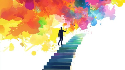 Businessman climbing stairs towards goal, business progress, abstract modern illustration, isolated on white background. 