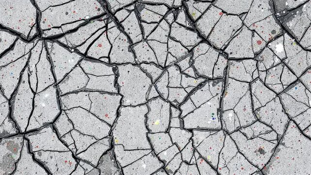 Watch shards of shattered glass and cracked concrete merge in unpredictable patterns accented by splattered paint and intermittent digital glitches 