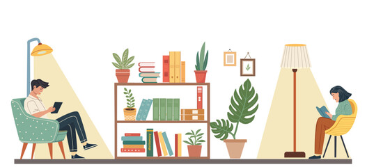 reading man and woman sitting  in living room