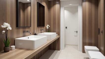 Modern Bathroom Interior with Double Sink, Wood Paneling, and Minimalist Design