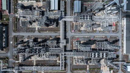 Aerial view oil and gas refinery industrial energy petrochemical industry, Global business energy...
