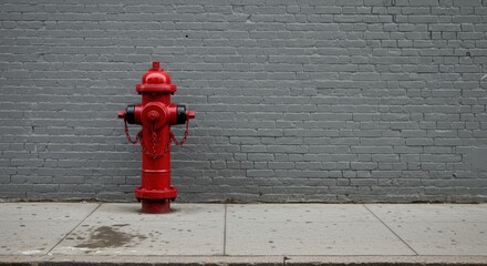 Red Fire Hydrant Against Gray Brick Wall