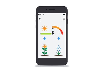 Mobile app interface displays sunlight, irrigation, and plant icons. Clean, modern design ideal for tech, gardening, or lifestyle concepts.