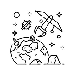 space mining icon, space mining line art - simple line art of space mining, perfect for space mining logos and icons