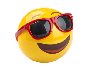 A yellow emoji face with red sunglasses smiling on a black background in a studio shot image