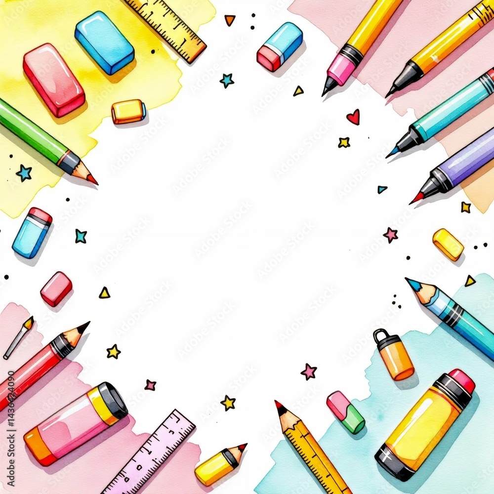 Poster circular frame various school related items such pencils erasers rulers erasers background light blu
