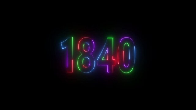 1840 neon line text. Abstract 1840 neon text animation ,For neon color Glowing neon number text background 4k video animation . 1840 title metal text on black alpha channel background.