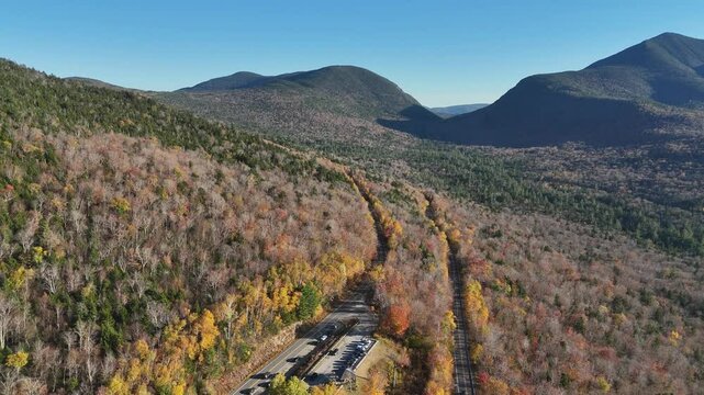 Mountain Notch Road and Vibrant Fall Foliage in White Mountains New Hampshire 4K Aerial Drone Video