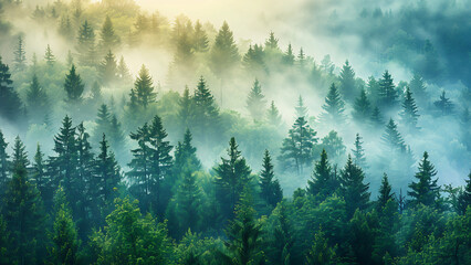 Fototapeta premium Misty Pine Forest at Dawn