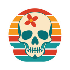 Vibrant Retro Skull Silhouette with Floral Accent Against Bold Stripes of Sunset Colors for a Vintage, Edgy Vibe