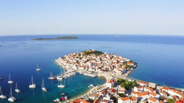 Drone flight over Primosten - beautiful city in Croatia
