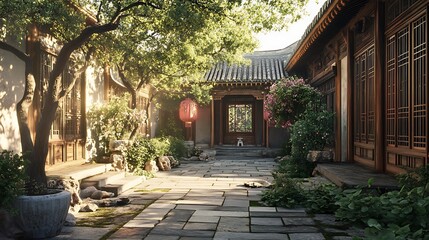 Fototapeta premium Exquisite pagoda with multi-tiered roofs in a vibrant garden high resolution picture