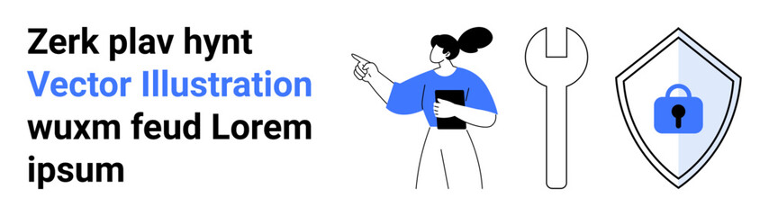 Woman holding clipboard, pointing forward, accompanied by a wrench tool and a padlock-secured shield. Ideal for security, maintenance, repair, protection, instruction, education flat landing page