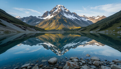 Geometric Reflections: A Mountain Mirrored on a Still Alpine Lake