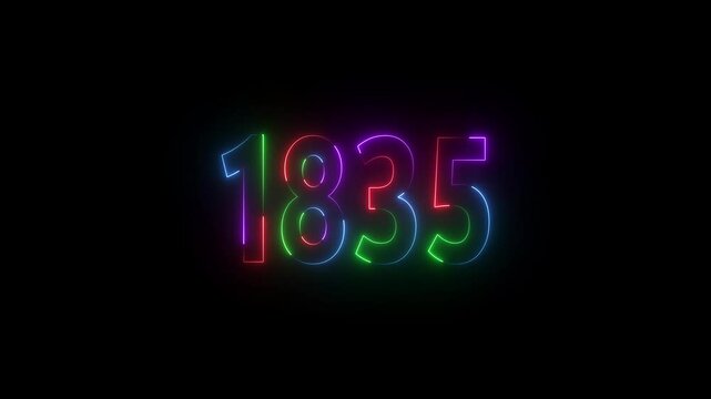 1835 neon line text. Abstract 1835 neon text animation ,For neon color Glowing neon number text background 4k video animation . 1835 title metal text on black alpha channel background.