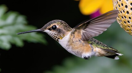 Fototapeta premium Hummingbird in flight, feeding. Close-up view of a hummingbird mid-flight, taking nectar from a feeder. Vibrant colors and detailed plumage