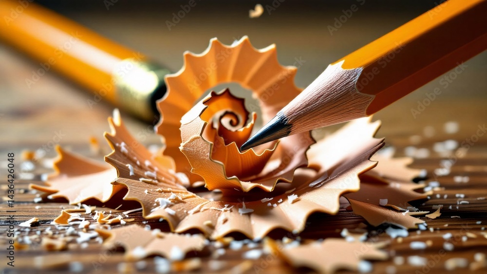 Poster close pencil sharpener spiral design pencil resting wooden surface shavings scattered around center 